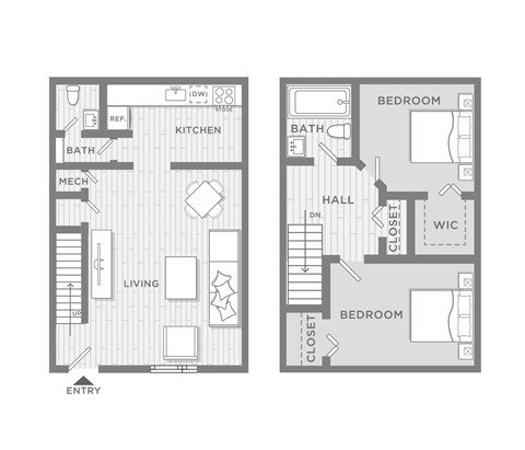 Floor plan for 2 beds, 1.5 baths, 1000 sqft